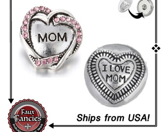 Love MOM Snap Button Charm: Rhinestone Heart, 18-20mm