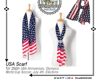 USA Scarf, SaME DaY SHiP, 250th USA Anniversary, USA Flag Scarf, World Cup Soccer, Olympics, Patriotism; #July4Scarf, #USAScarf, #FlagScarf
