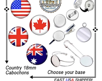 International 18mm Charm, Pins, Bracelet, Hair Clip, Snap Button, USA, Australia Charm, U.K., Canada, USA Charm, England Charm, Canada Charm