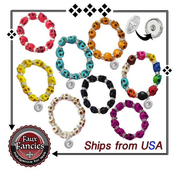 Skeleton STRETCH Bracelet, Dyed Turquoise 6mm Bead Bracelet with or without snap base, #SnapJewelry, #SnapButton, #StretchBracelet