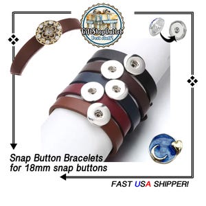 May include: Leather snap button bracelets in various colors, including brown, black, and navy. The bracelets are designed for 18mm snap buttons. One bracelet features a decorative snap with a gold and crystal design. The image also shows a blue and gold snap button.
