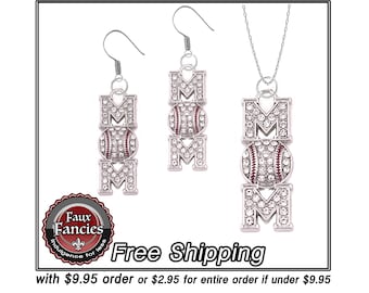 Rhinestone Baseball Mom Pendant or Earrings: Jewelry Gift