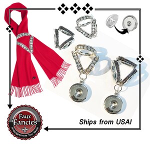 May include: A silver scarf ring with a dangling crystal charm. The ring is decorated with rhinestones and has a triangular shape. The ring is shown with a red scarf. The text "Faux Fancies Indulgence for less" is also shown in the image.