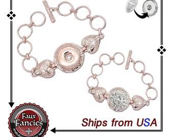 Rose Gold Heart Snap Button Bracelet - Adjustable 18mm-20mm