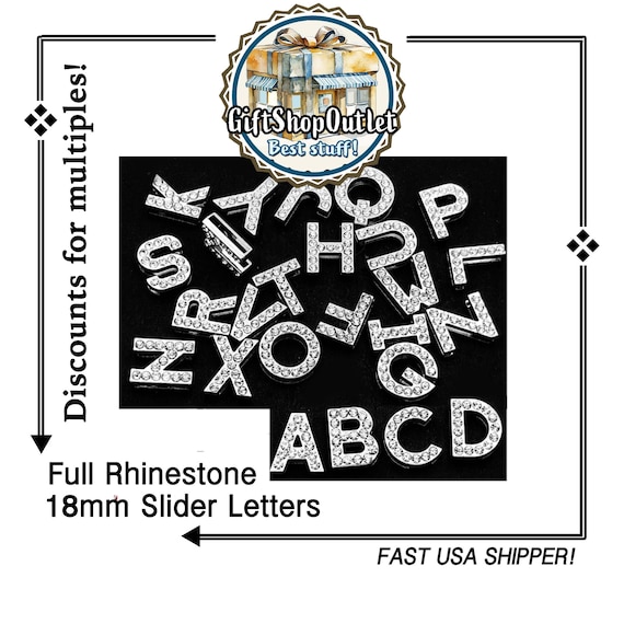 Rhinestone 18mm Slide Letter Charms, .75" Slider Alphabet, MULTIPLES DISCOUNTS, Alphabet Charms, Rhinestone Letters, 18mm Slider Letters