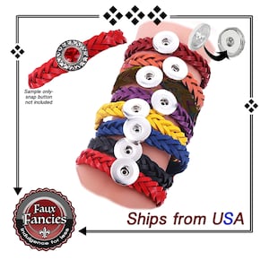 May include: A stack of eight braided leather bracelets with snap button closures. The bracelets are in various colors, including red, orange, yellow, blue, purple, and black. The snap buttons are silver. The text "Ships from USA" is visible in the image.