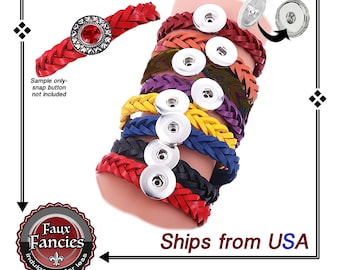 Braided Real Leather Snap Button Bracelet - Adjustable Fit