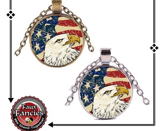 American Eagle Cabochon Pendant: Silver or Gold Tone Chain