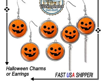 Halloween Pumpkin Earrings or Charms: Glass Cabochon Jewelry