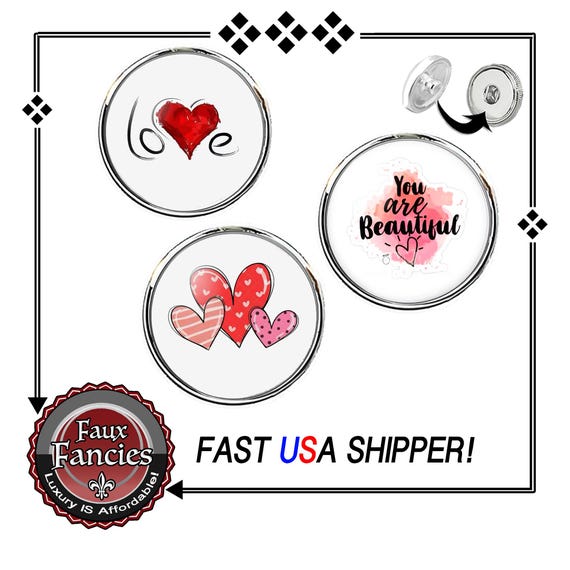 Really NICE Cabochon HEART Snap Buttons, 18mm Ginger Snaps, Snap Charms, Valentine Heart Charm, #HeartCharms, #ValentinesDay, #SnapJewelry