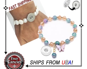 Glass Beaded Stretch Snap Button Bracelet: Shell Charm, Adjustable