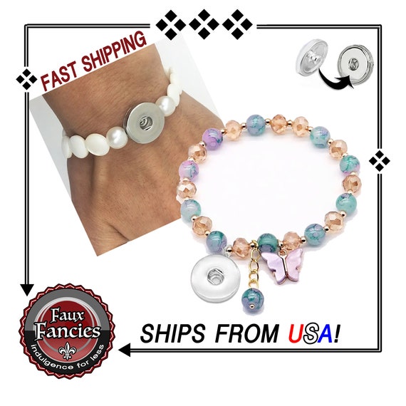 Glass Beaded STRETCH Snap Button Bracelet, Shell Snap Bracelet, Adjustable Snap Bracelet, #SnapJewelry, #18mmSnapBracelet, #StretchBracelet