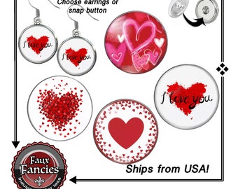 Heart Snap Button or Earrings: 18mm Valentines Cabochon