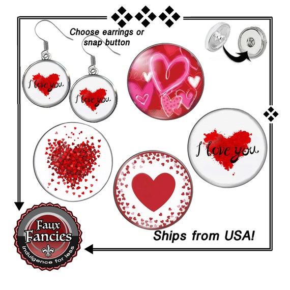 Heart SNAP Buttons, Heart Earrings, 18mm Cabochon Snap Button, 18mm Valentines Day Snap Charms, #ValentinesDay, #HeartEarrings, #SnapButtons