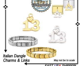 ITALIAN NUMBER 13 with Heart Charms, Italian Number Dangle Charm Links, Italian Bracelet Links, #ItalianCharmBracelet, #LetterCharmBracelet