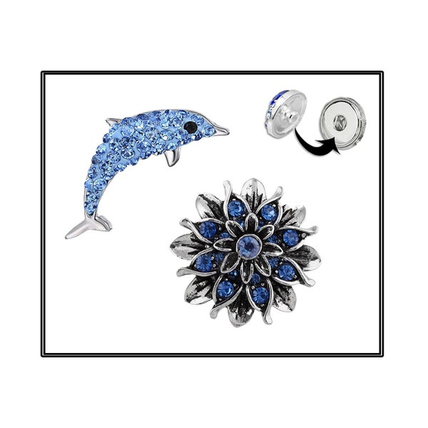 Boutons-pression, Gingembre 18 mm, Breloques, Breloque dauphin, Breloque fleur bleue, Boutons pression strass, Bijoux bouton pression, #RhinestoneCharm