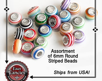 Striped 6mm Round Beads: Assorted Colors, 3mm Hole
