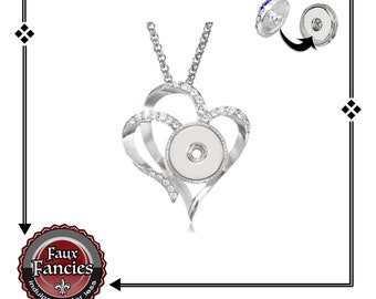 Rhinestone Double Heart Snap Button Pendant: 18mm-20mm Snap Jewelry