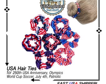 USA Hair Tie or Bows for July 4th, 250th USA Anniversary, World Cup Soccer, Olympics, Patriotism; #July4HairTie, #USABow, Patriotic hair tie