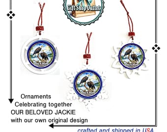 Celebrating JACKIE and SHADOW with beautiful tribute ornaments that we designed and create. Glass Cabochon on wood snowflake ornament