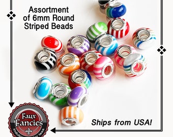 Striped 6mm Round Beads: Assorted Colors, 3mm Hole