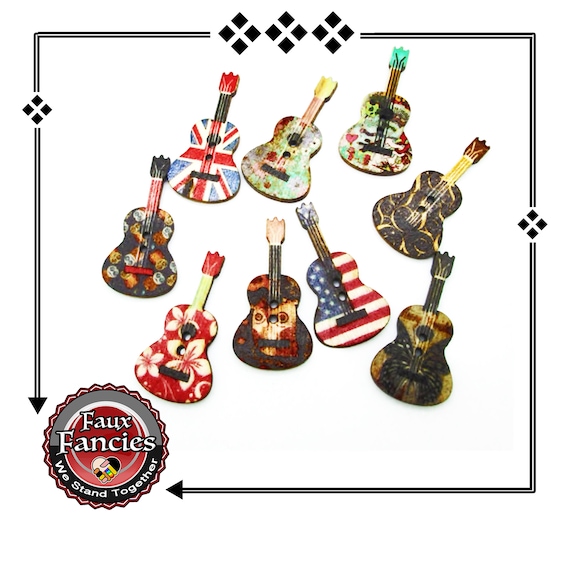 CLEARANCE! BUTToNS, BuTTON! 3 PCs Guitars Wooden Buttons, Guitar Charms, Guitar Scrapbook Buttons, Buttons, #WoodenButtons, #CraftButtons