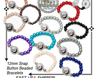 12mm Beaded Snap Button Stretch Bracelet: Interchangeable 12 mm Snap Jewelry, Small Size
