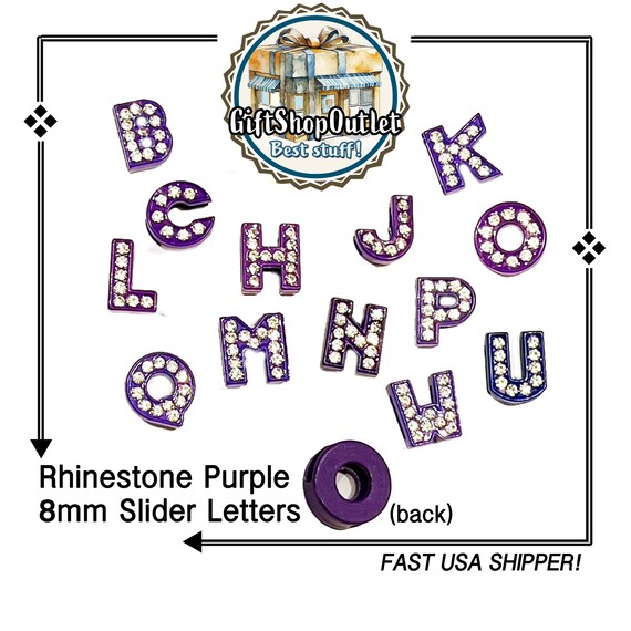 CLOSEOUT! PURPLE 8mm Rhinestone Slide Letters, Colored Slide Letter, Alphabet Charm, #SlideLetters, Rhinestone Letters, Bracelet Letters