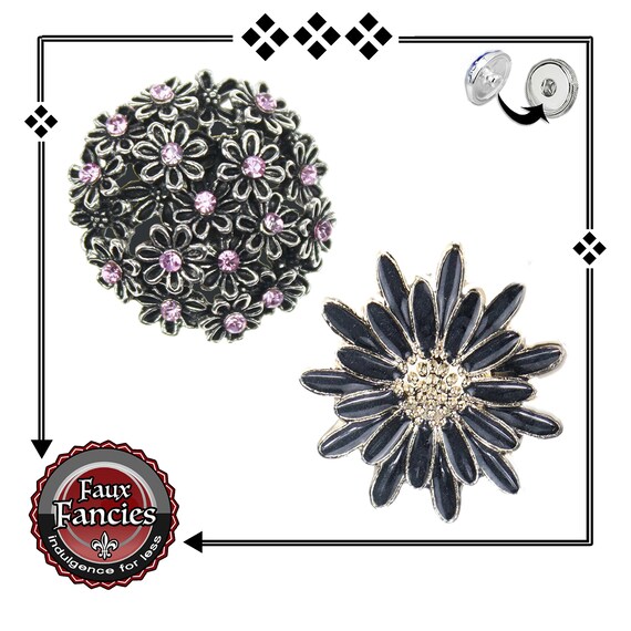 18mm Black Dahlia Snap Button, Flower Charm, Dahlia Charm, #SnapButton, Rhinestone Snap, Snap Jewelry, #BlackDahlia, Dahlia Flower Charm