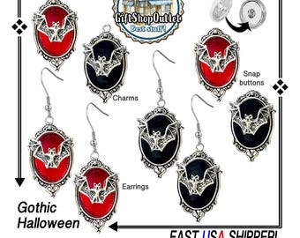 GOTHiC Halloween BAT EARRINGS, SNaP BUTToNS and Charm, BAT Charm, Halloween Gothic Charm, #HalloweenJewelry, #BatEarrings, Cos Play Earrings