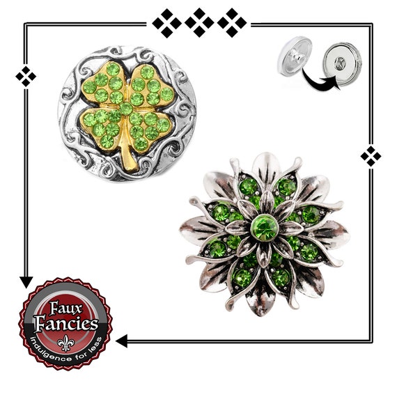 St Pats Charm, Four Leaf Clover Snap, RHINESTONE SNAP Button, #StPatricks SnapButtons, Flower Snaps, #BraceletCharm, #SnapCharm, #CloverSnap