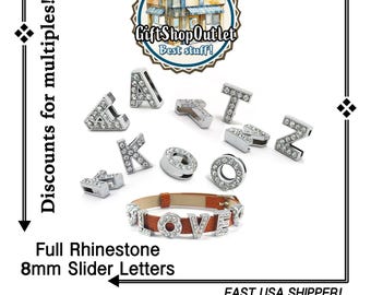 8mm Rhinestone Slide Letter Charms, Slider Alphabet, MULTIPLE DISCOUNTS, Alphabet Charms, Initials, Rhinestone Letters, Dangle Letters