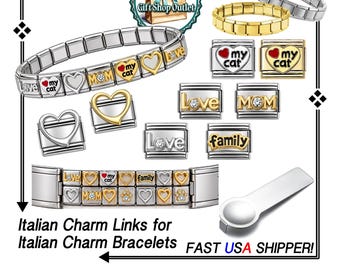 ITALiAN BRACELET CHARMS, Mom Bracelet Charms, Love Italian Bracelet Links, Gift for Her, #ItalianCharmBracelet, #CatCharms, #LoveCharms