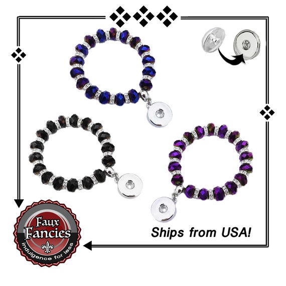 Snap Button STRETCH Bracelet fit 18mm Snaps, Faceted Glass w/Crystal Rhinestones, #SnapJewelry, #SnapButton, #SnapBracelet, #StretchBracelet