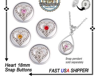 Rhinestone 18mm Heart Snap Buttons, Snap Button jewelry, Snap Button Charms, #SnapHeartCharms, #HeartSnapButtons