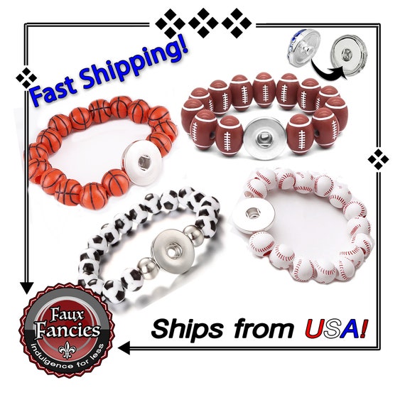 Basketball, Baseball, Football, Soccer Stretch Bracelet, Sports Snap Jewelry, #FootballBracelet, #BaseballBracelet, #BasketballBracelet