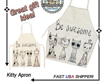 SO CUTE Kitty APRON, Cotton Linen, Paintable Apron, Great Gift!
