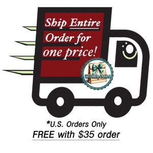 May include: A graphic illustration of a black truck with a dark red cargo area featuring the white text Ship Entire Order for one price! A circular logo displays a brown paper gift bag with a blue bow and the text Gift Shop Outlet.