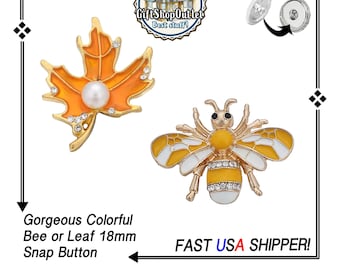 BEE Happy Snap Button, Rhinestone Bee 18mm Snap Button, Leaf Snap Button, Fall Charm, #BeeHappy, #BeeCharm, #BeeSnapButton, #FallSnapButton