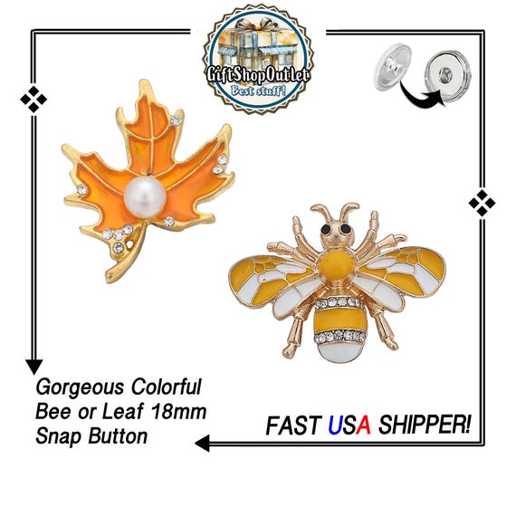 BEE Happy Snap Button, Rhinestone Bee 18mm Snap Button, Leaf Snap Button, Fall Charm, #BeeHappy, #BeeCharm, #BeeSnapButton, #FallSnapButton