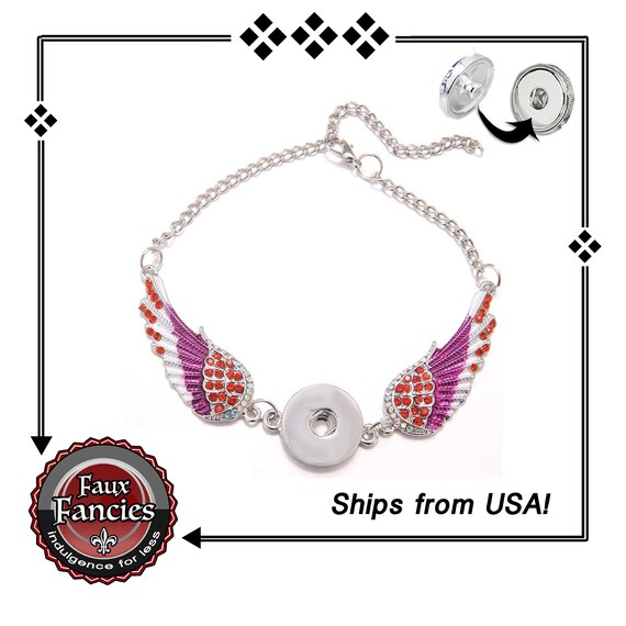 SALE! Angel Wings SNAP Button Bracelet, Pink Rhinestone Snap Button Bracelet, Snap Bracelet, #SnapButtonJewelry, #SnapJewelry, #SnapButtons