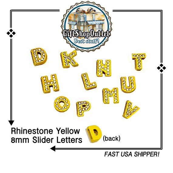 CLOSEOUT! DK YELLOW 8mm Rhinestone Slide Letters, Colored Slide Letter, Alphabet Charm, #SlideLetters, Rhinestone Letters, Bracelet Letters