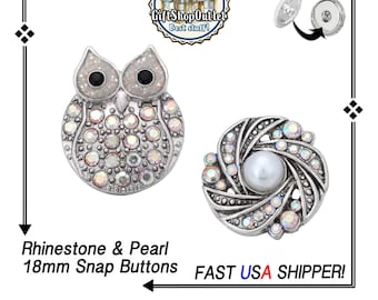 OWL 18mm Rhinestone SNAP Buttons, Rhinestone Swirl Pearl Snap Button, Rhinestone Snap Buttons, Owl Charms, #RhinestoneSnapButton, #OwlSnap