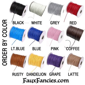 May include: Twelve spools of cord arranged in a grid, labeled by color: black, white, grey, red, lt.blue, blue, pink, coffee, rusty, dandelion, grape, and latte. The text ORDER BY COLOR and FauxFancies.com are visible on the image.