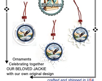 Celebrating JACKIE with beautiful tribute snowflake ornaments that we designed and create. GLASS CABOCHON on wood snowflake ornament