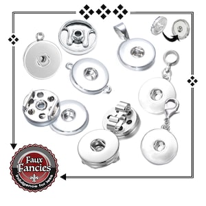 May include: Assortment of silver-toned metal snap button jewelry findings.  The findings include pendants, earrings, and charms.  The image also includes a logo for the company, "Faux Fancies, Indulgence for Less".