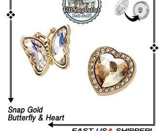 EXCLUSIVE Metal Rhinestone Heart or Butterfly 18mm Snap Button, Rhinestone Heart Charms, Snap Jewelry, #SnapButton, #RhinestoneHeart