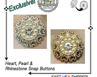 EXCLUSIVE! Gorgeous Heart Circled Pearl and Rhinestone Snap Buttons, Pearl Snap Button, Rhinestone Snap Button, #SnapJewelry, Gift for Her
