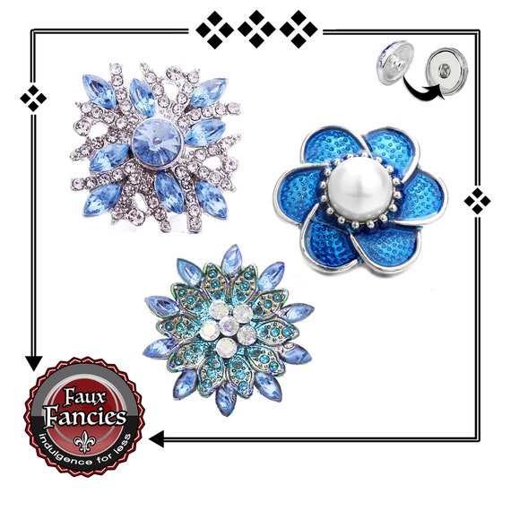 Beautiful BLUEs Snap Buttons, PEARL Snap Charm Buttons, 18mm Ginger Snap, #SnapButton, #BraceletCharm, #SnapCharm, #FlowerCharm, #SnapPopper