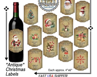 CHRISTMAS LABELS, SHiP FREE, CHRiSTMAS bottle labels, Gift labels, Christmas party decor, Wine label, #ChristmasLabels, #ChristmasCrafts